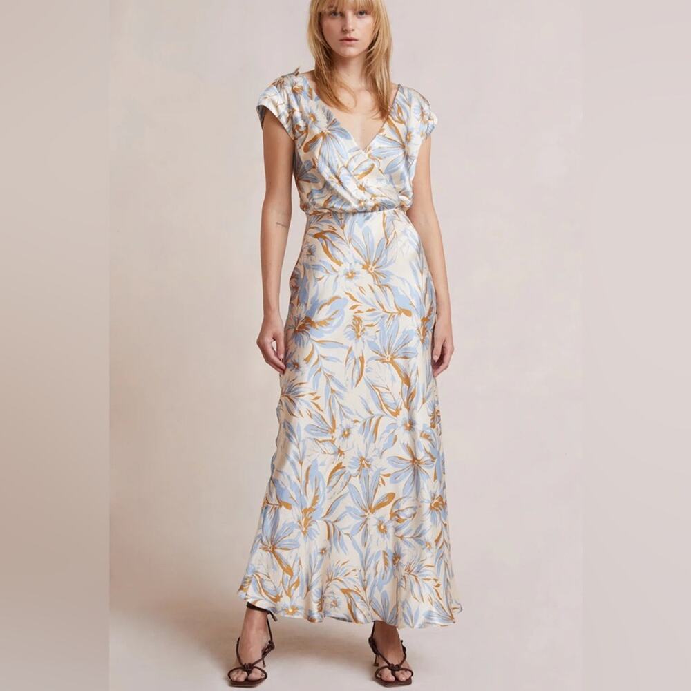 Bec Bridge Stella Maxi Dress Satin V Neck Open Back Beige Blue Floral Print 6 US